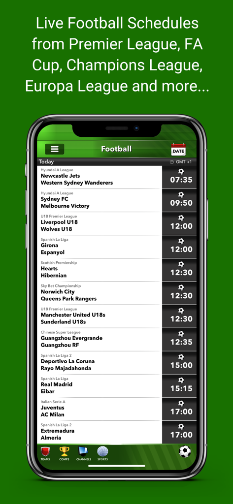 WherestheMatch - Captura de pantalla de un teléfono inteligente que muestra la aplicación WherestheMatch con una lista completa de horarios de partidos de fútbol en vivo y horarios de inicio.