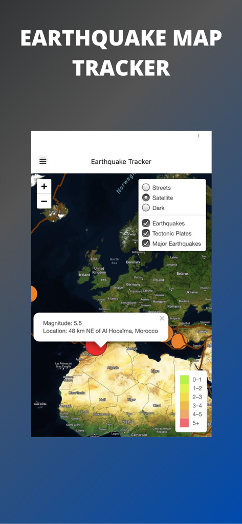 Earthquake Map Tracker - Interfaz de la aplicación Rastreador de Mapas de Terremotos que muestra la actividad sísmica en tiempo real y las capas de placas tectónicas en un mapa global.