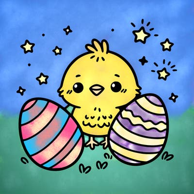 cute easter chick with eggs