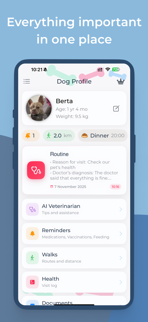DogCare: AI Pet Health Tracker - Smartphone screen showing the DogCare app dashboard with pet health records and activity stats