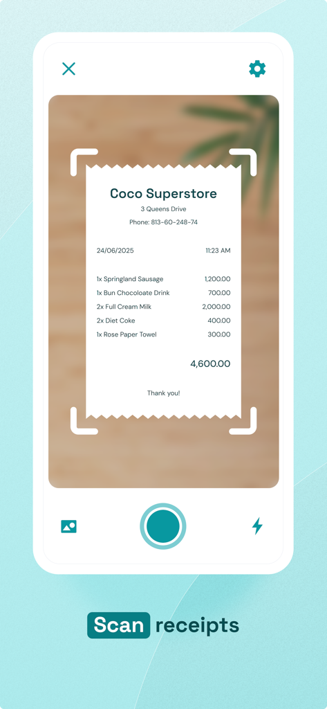 Cantant - Smarter Bookkeeping - Interface do aplicativo móvel Cantant mostrando o recurso de scanner de recibos por IA escaneando um recibo comercial.