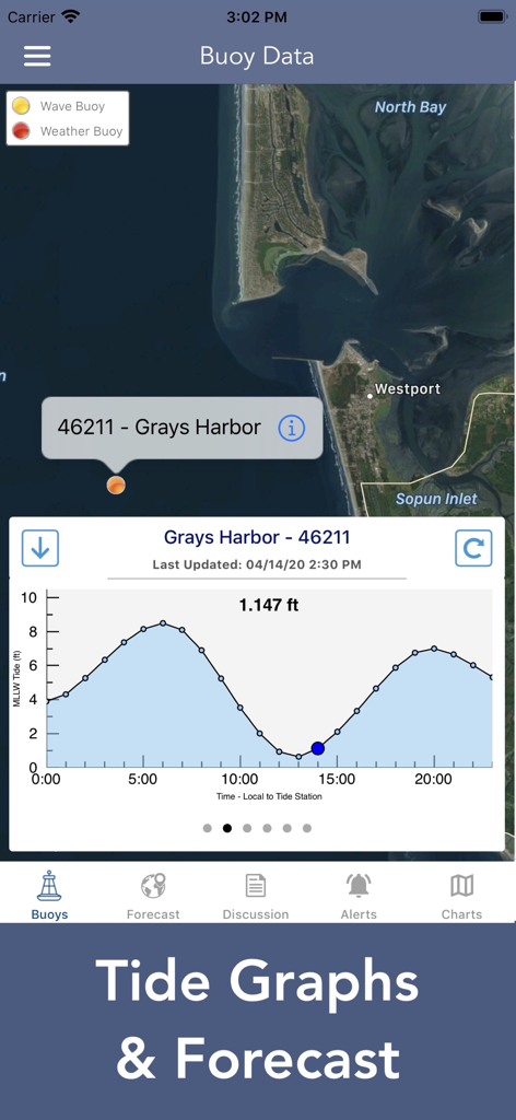 Marine Weather Forecast Pro - Marine Weather Forecast Pro app displaying an interactive tide graph and buoy data on a satellite map.