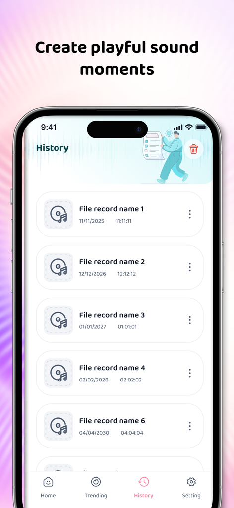 A mobile app interface showing the history screen of Reverse Audio Funny Voice with a list of saved voice recordings and their timestamps.