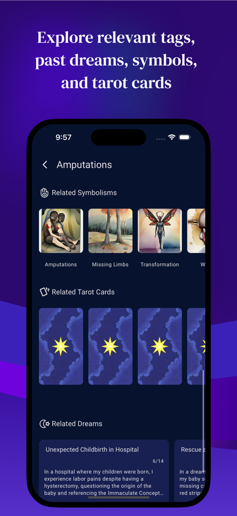 DreamMuse - DreamMuse app interface showing related dream symbols tarot cards and past dream entries