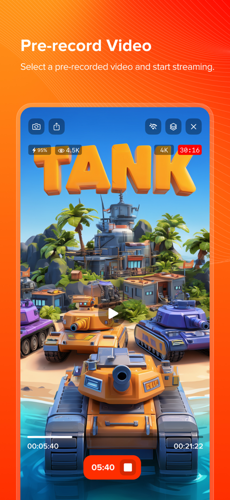 Benutzeroberfläche der mobilen App, die ein Panzer-Spiel zeigt, das aus einer vorab aufgenommenen Videodatei gestreamt wird.