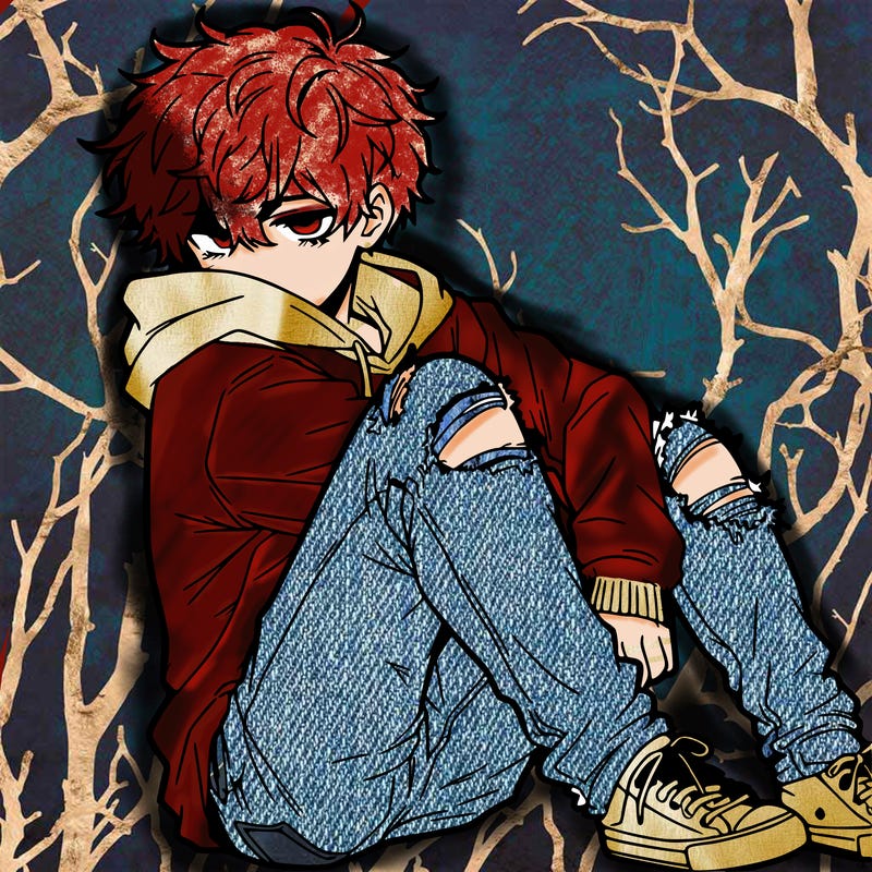 a male hoddie ripped jeans messy hair anime