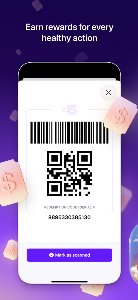 LumiHealth - Tela de um smartphone exibindo um voucher de recompensa de saúde digital com código de barras e código QR