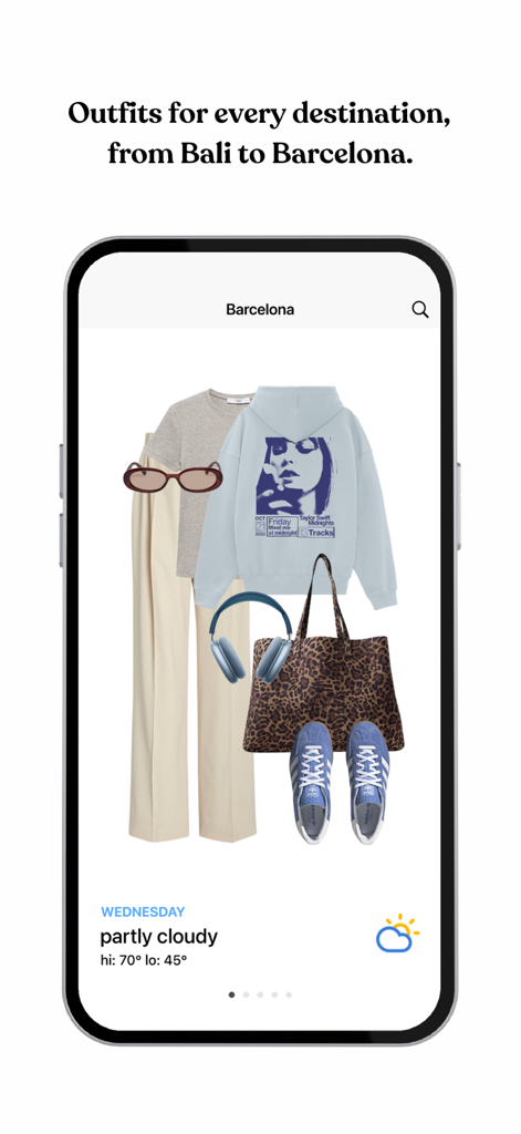 Daily Dress Me - what to wear - Daily Dress Me app interface showing a stylish travel outfit recommendation for Barcelona weather.