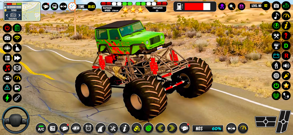 Green monster truck driving on a desert road with gameplay interface icons