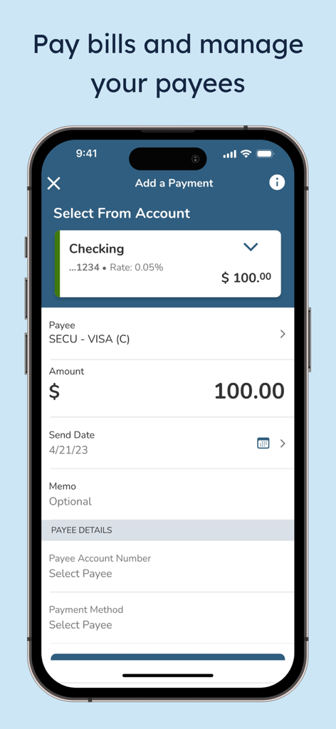 SECU - The SECU mobile app interface for paying bills and managing payees on a smartphone.