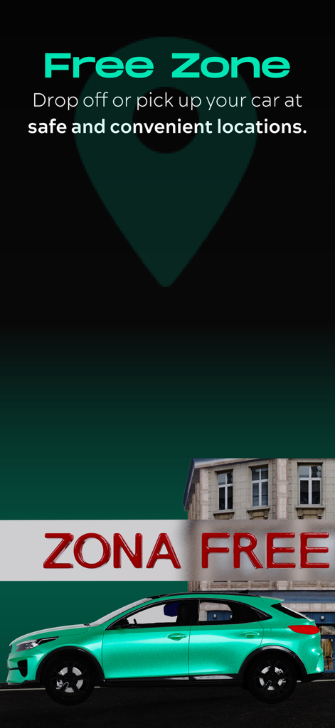 Comfy - Pantalla promocional de la app Comfy destacando ubicaciones de recogida y devolución de coches seguras y convenientes en una zona franca designada.