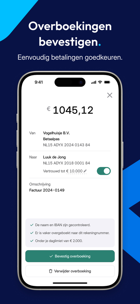 Smartphone displaying a payment confirmation screen for a bank transfer in the Moneybird bookkeeping app