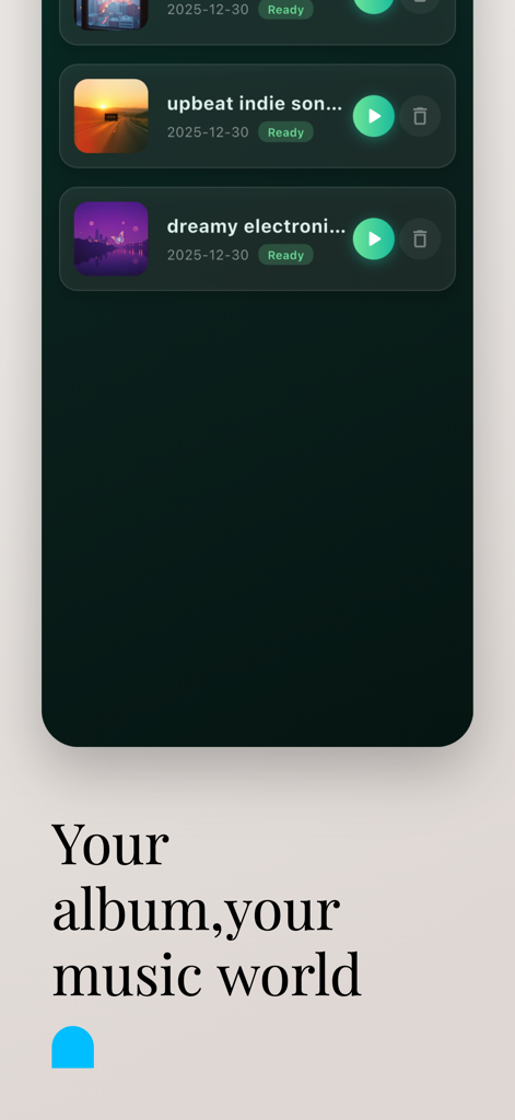 Sonoul - AI Virtual Singer - Interface of the Sonoul app showing a library of user-created AI music tracks with upbeat indie and dreamy electronic songs