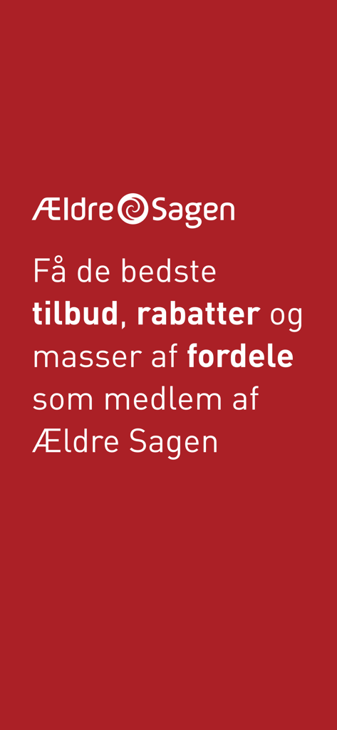 Ældre Sagen Tilbud - Pantalla de bienvenida para la aplicación Aeldre Sagen Tilbud mostrando beneficios de membresía y descuentos sobre un fondo rojo