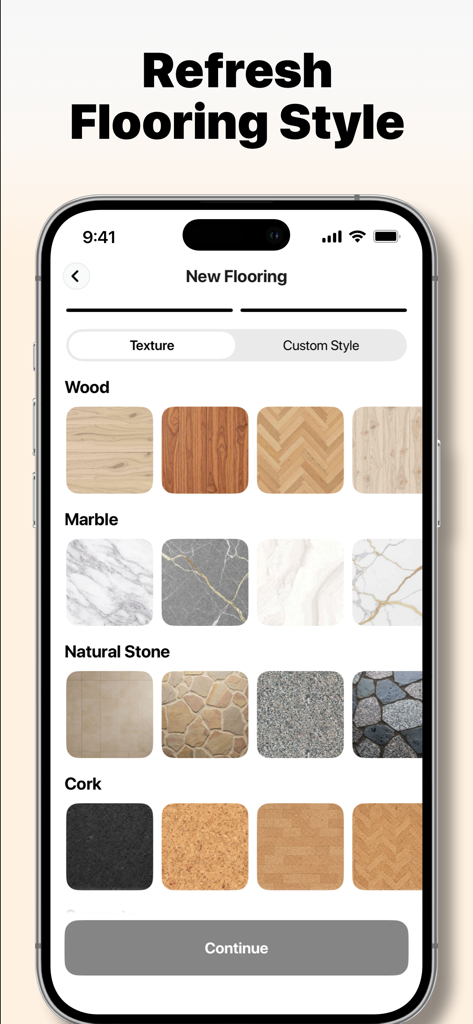 AI Home: Interior Design - AI Home app interface for selecting new flooring textures like wood marble and natural stone