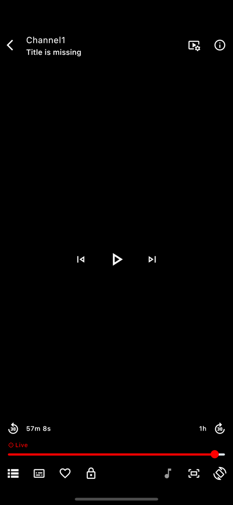 OttPlayertv - Interfaz del reproductor de video de la aplicación OttPlayertv con controles de reproducción y barra de progreso de transmisión en vivo