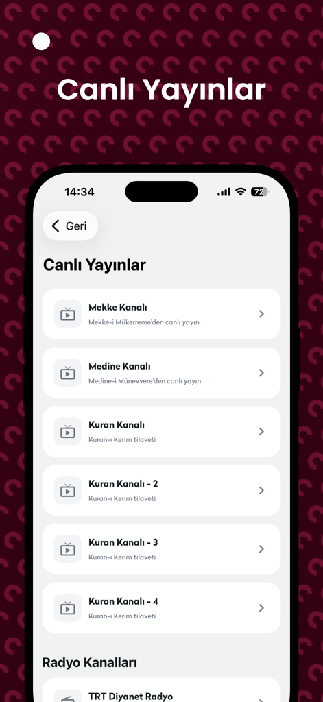 Bildschirm einer mobilen App mit Live-Übertragungen islamischer Sender für Mekka, Medina und Koranrezitationen