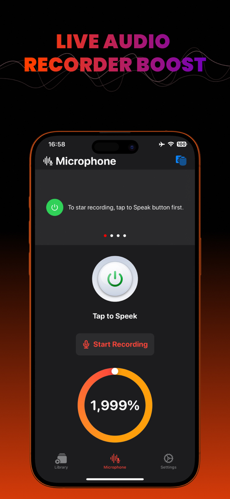 Eine mobile App-Oberfläche, die die Live-Audio-Aufnahmefunktion mit einer großen Prozentanzeige für die Lautstärke und Steuerelementen zur Aufnahme zeigt.