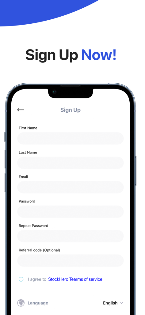 StockHero: Smart Trading Bot - StockHero registration screen on a mobile device showing account creation fields.