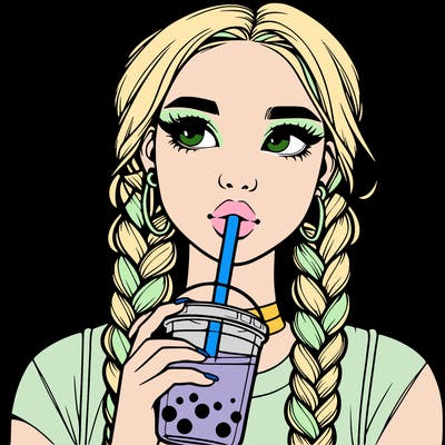 realistic girl with braided hair drinking boba