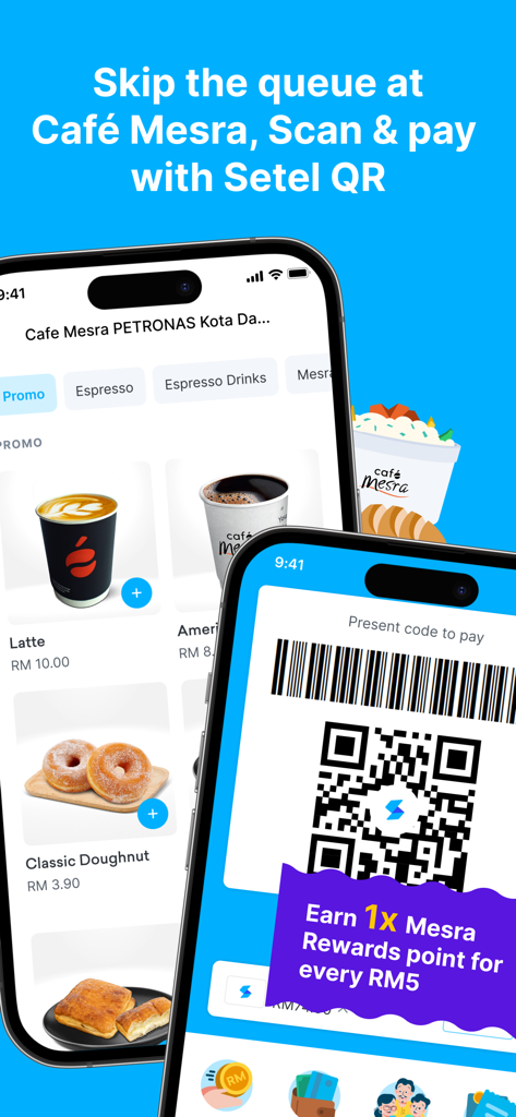Two mobile screens showing the Setel app interface for ordering from Cafe Mesra and scanning a QR code for rewards and payment.