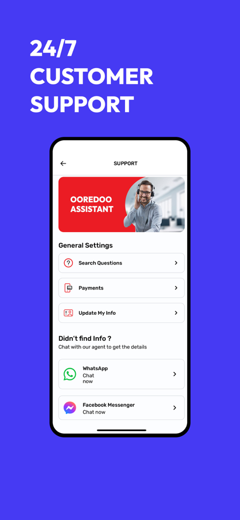 Pantalla de soporte al cliente de la aplicación Ooredoo Kuwait que muestra asistencia 24/7 y opciones de chat en redes sociales