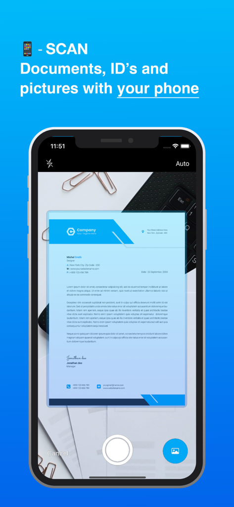 Simple Scanner: Fast Converter - Simple Scanner app interface scanning a professional document on an iPhone