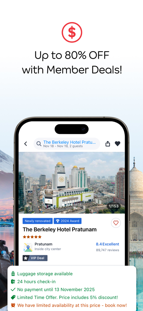Agoda mobile app interface displaying a hotel listing with an 80 percent off member deal
