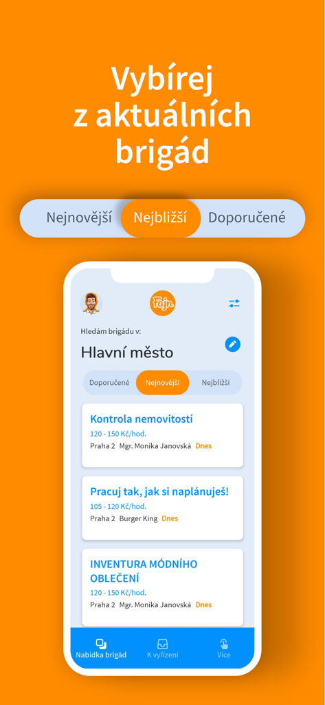 Fajn brigády - Mobile app screen showing part-time job listings in the Fajn brigady app