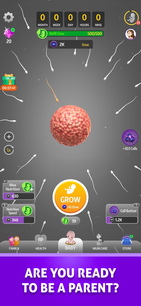 A screenshot of Idle 9 Months game showing a developing embryo and idle gameplay mechanics