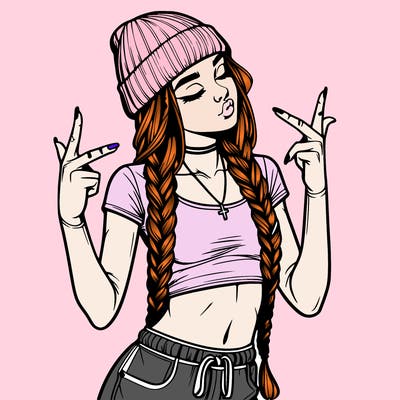 realistic teenage girl with braids and a beanie and crop top doing 🫶🏼