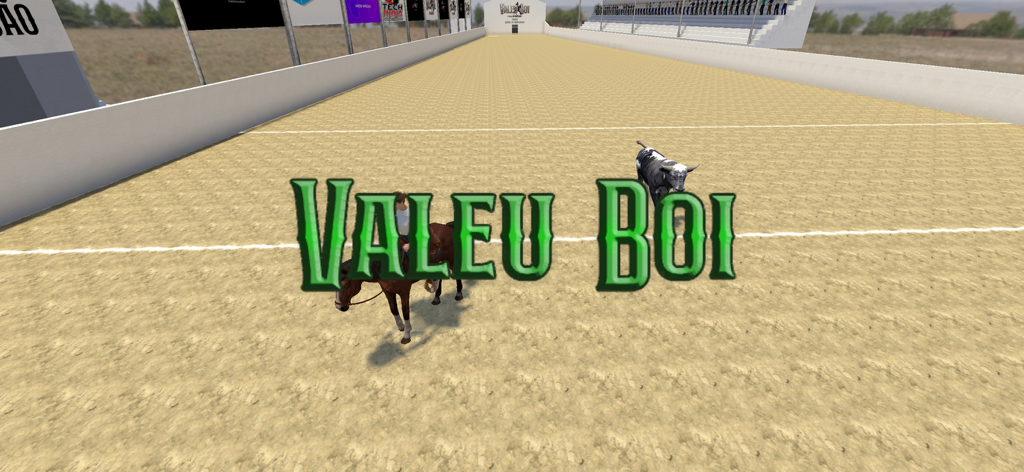Valeu Boi: O Jogo da Vaquejada - A cowboy on a horse and a bull in a Vaquejada arena with the game title Valeu Boi