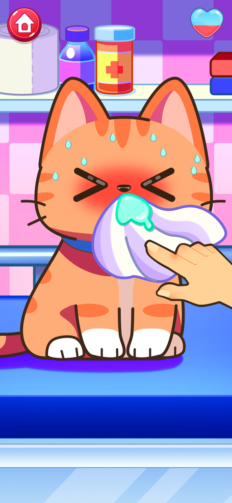 Cat Games for kids - Mano limpiando la nariz de un gato enfermo en una aplicación educativa para niños