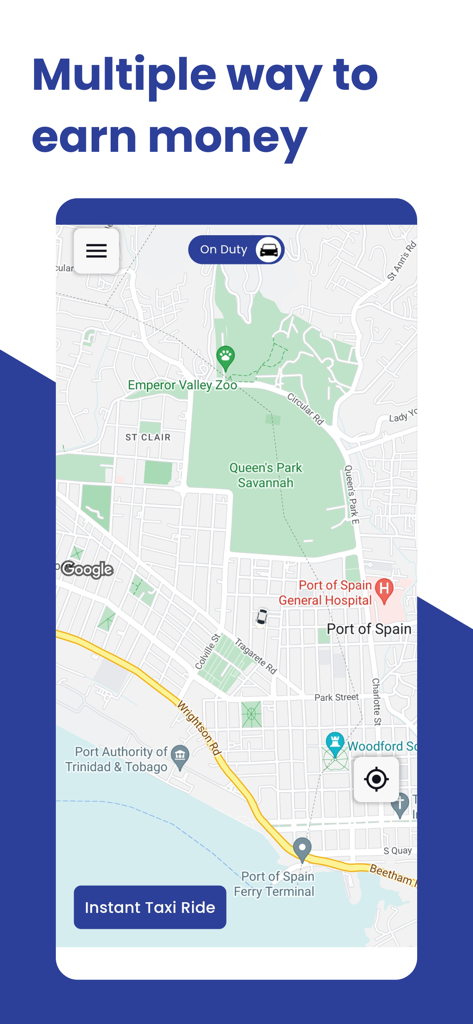 TrucabTT Driver app map screen showing a real time location in Port of Spain with an option for instant taxi rides.