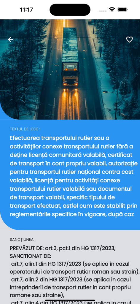 Amenzi Rutiere app interface showing legal text and sanctions for transport