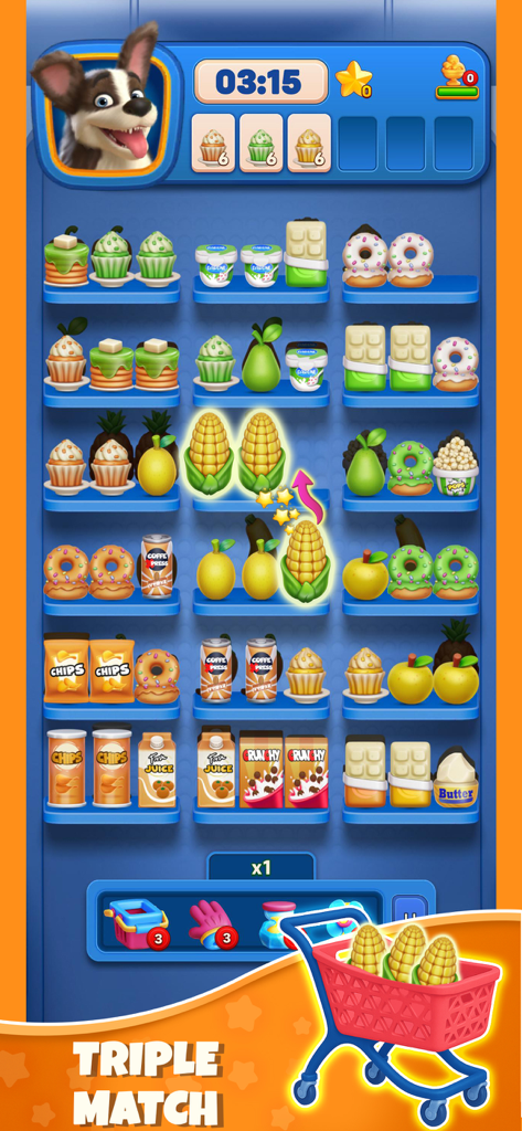 Captura de pantalla del juego de Triple Goods Sort mostrando organización y combinación de comestibles.
