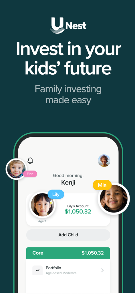 UNest: Investing for Your Kids - UNest mobile application interface for family investing featuring multiple child savings accounts and portfolios