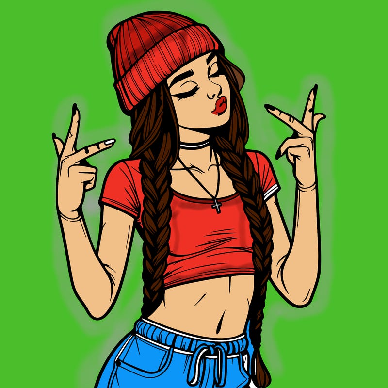 realistic teenage girl with braids and a beanie and crop top doing 🫶🏼