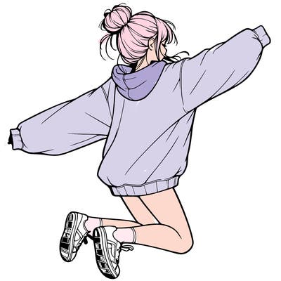 realistic girl jumping with a bun and oversized sweatshirt