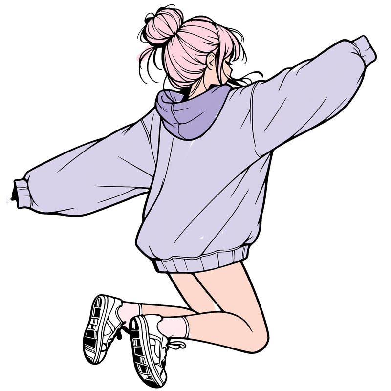 realistic girl jumping with a bun and oversized sweatshirt