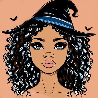 realistic black girl with wavy hair and witch hat and nose and lips