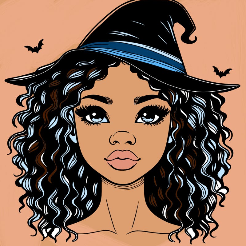 realistic black girl with wavy hair and witch hat and nose and lips