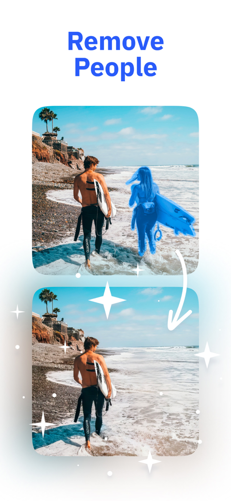 Comparación de antes y después de eliminar a una persona de una foto de playa usando el Eliminador de Fondos con IA