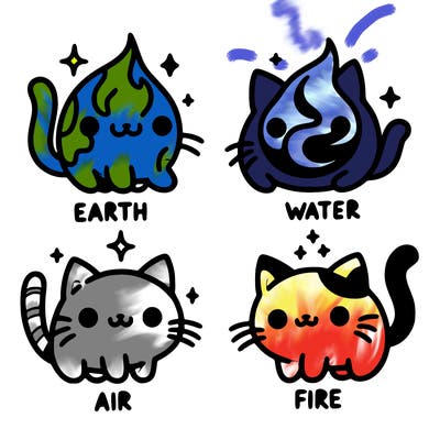 4 cats that represent the different elements, earth, water, air, and fire