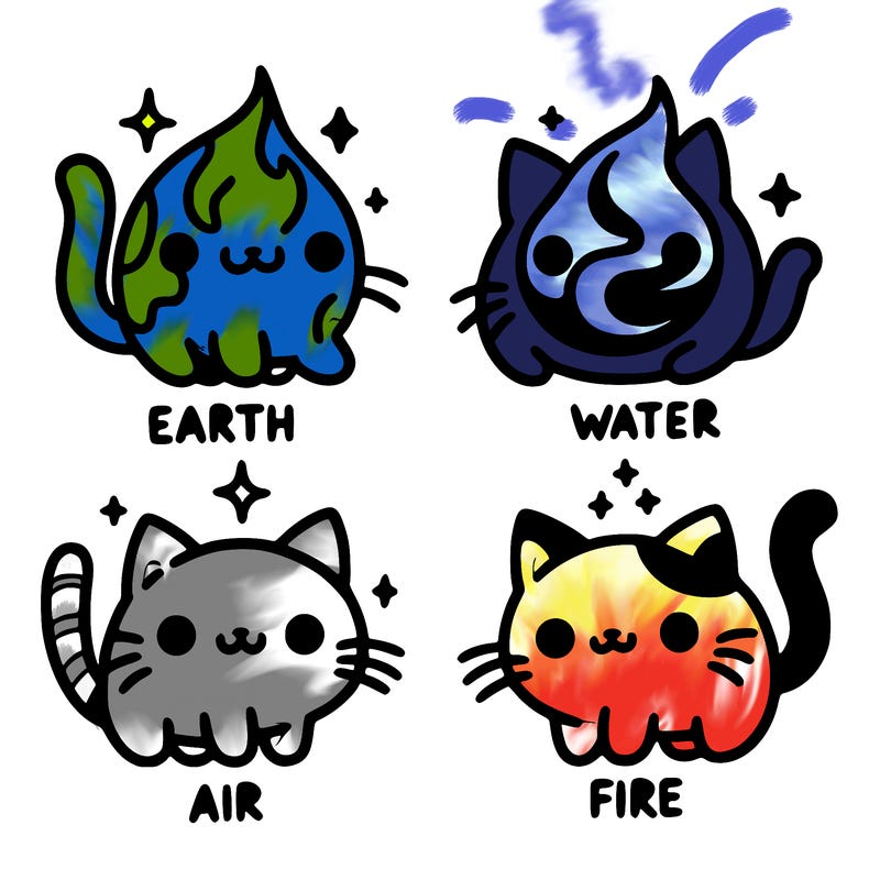4 cats that represent the different elements, earth, water, air, and fire