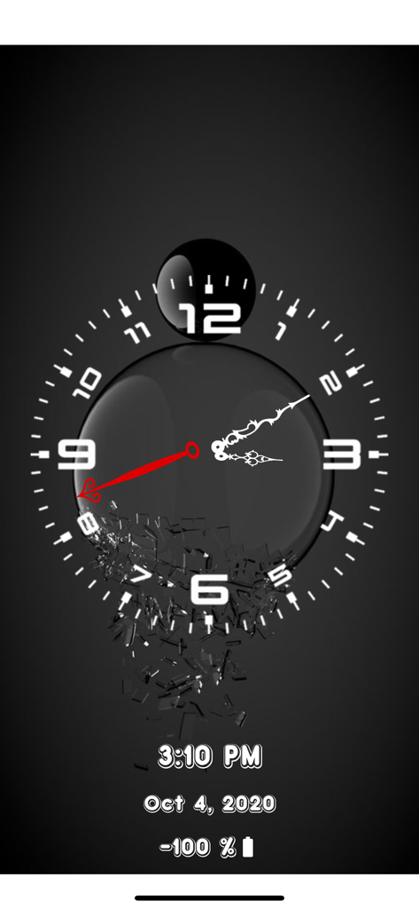 Loud Alarm Clock: Wake up Call - Esfera de reloj analógica con estética oscura que muestra la hora, la fecha y el estado de la batería