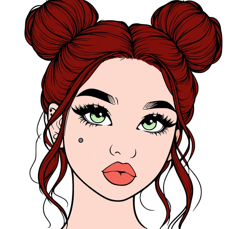 realistic girl with two buns on her hair and lips