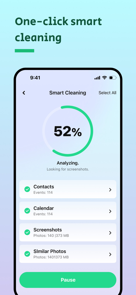 Interfaz de limpieza inteligente en progreso en la aplicación AI Cleaner, mostrando categorías de almacenamiento como capturas de pantalla y fotos similares