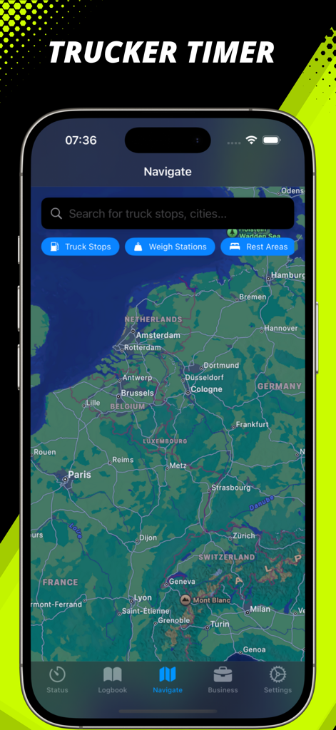 Navigation interface of the Trucker Timer app showing a map and filters for truck stops, weigh stations, and rest areas.