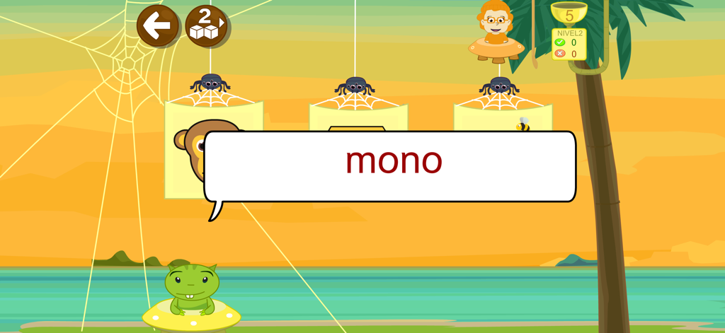 Leo con Grin FULL aprende leer - Pantalla de juego educativo que asocia la palabra en español mono con una ilustración de un mono para la práctica de alfabetización
